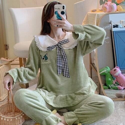 Pajama Set Flannel Home Suit Pyjamas famle Long Sleeve Womens Pijama Mujer Home Clothing bath robe women sleepwear sexy lace