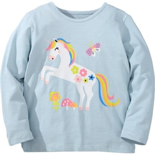 Jumping Meters Girls T-shirt Autumn Cartoon Colourful Unicorn Pattern Casual Crew Neck for Long Sleeve Top Sky Blue 2-7years