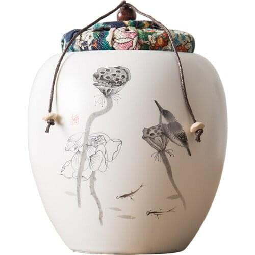 Tea Storage Bottle Sealed Jar Ceramic Stoneware Painted Wooden Cloth Stopper With Lid Kitchen Zero Food Moisture-proof Drinkware