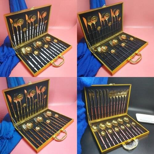 Hot sale Wooden gift box 24pcs Gold Crafts bright stainless steel table knife fork spoon Cutlery Coffee Spoon tableware set