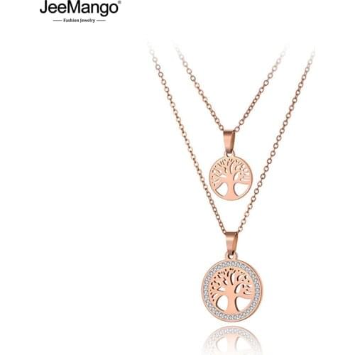 JeeMango Bohemia Style Stainless Steel Double-layer Crystal Tree Charm Choker Necklace Beach Pendant Necklace For Women JN19215