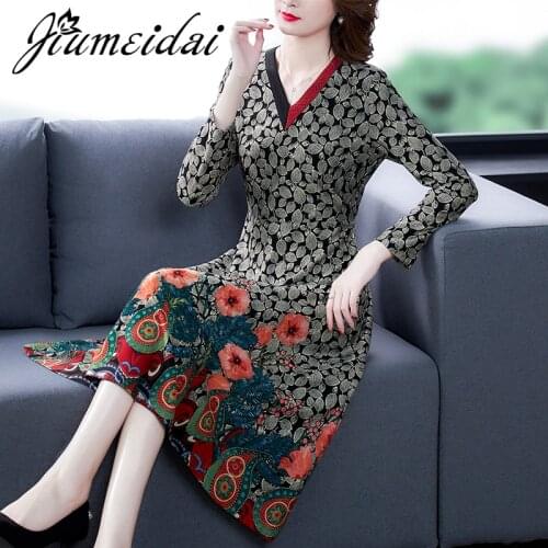 JiuMeiDai 2021 Women Spring A-Line Dress Office Lady Elegant Floral Printed Long Dresses Female V-Neck Vintage Party Clothing