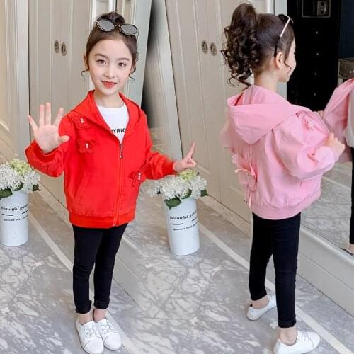 New Spring Autumn Cute Babys Girls Coat Pearl Butterfly Hooded Jacket Outerwear Childrens Clothing Zipper High Quality 4-13Yrs