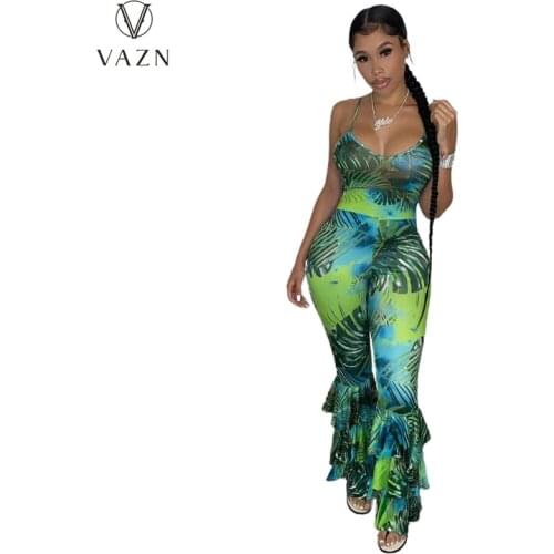 VAZN 2021 New Open Print Backless Sexy Holiday Halter Off Shoulder Joker Women High Waist Boot Cut Jumpsuits