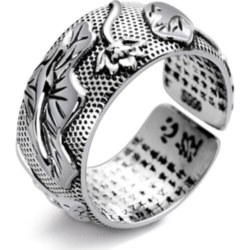 Real 999 Sterling Silver Retro Open Rings With Buddhism Heart Sutra Lotus Floral Finger Ring For Men Women Jewelry