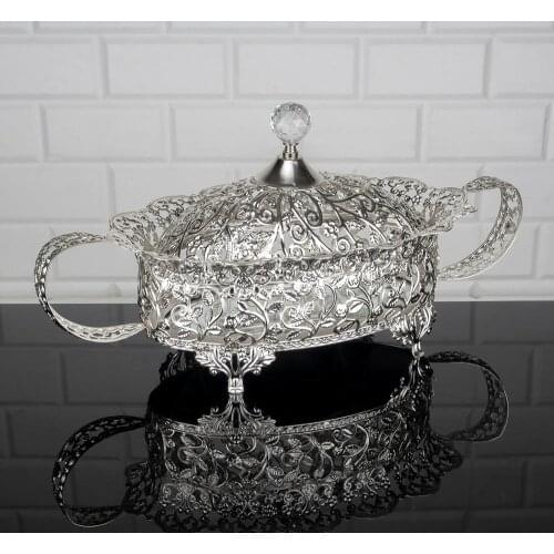 Sugar Bowl Serving Tray Luxury Service Plate Golden Silver Oval With Cap With Handle Home Decor Turkish Arabic Oriental Eastern