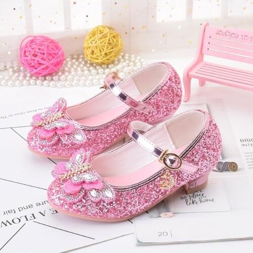 2021 New Princess Kids Leather Shoes For Girls Glitter Butterfly Knot Dress Party Children High Heel Csuals Shoes For kids