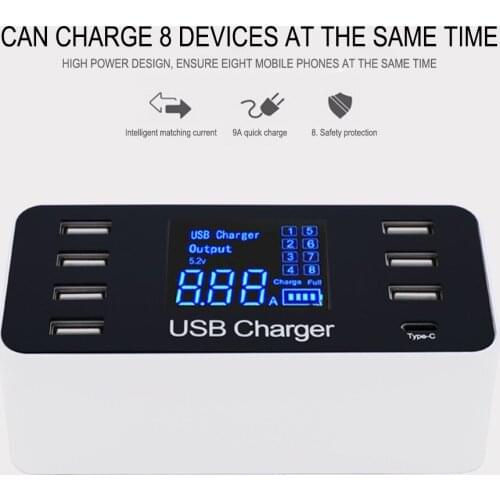 Universal Indoor 7 Port USB +1 Type C 5V 8A Socket Charger with Voltage Current LCD Display for Phones Tablet EU/US/UK Plug LN