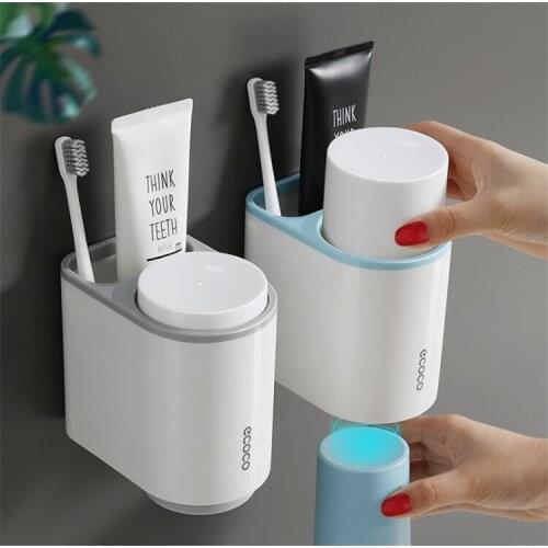 Bathroom Toothbrush Holder with Cups Toothpaste Squeezer Wall Mounted Storage Shelf Bathroom Accessories Set