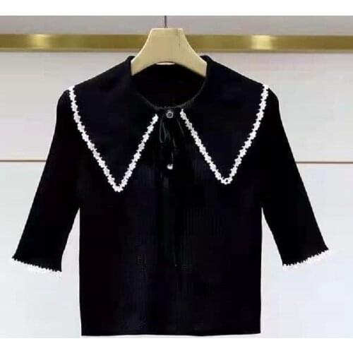 New Arrival Sweater Pullovers 2021 Autumn Fashion Ladies White Lace Embroidery Deco Half Sleeve Casual Black Jumpers Woman