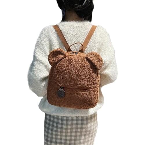 Women Girls Backpack Kawaii Bear Ear Fleece Small Backpack Casual Warm Mini Backpack
