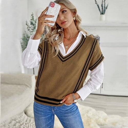 2021 Winter Solid Sweater Vest Female Casual Inner Bottom Shirt Loose Knitted Vest Sweater Girl V Neck Short Sleevethick Vintage
