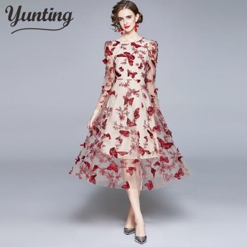 New Runway Flower Embroidery Dress Women O-Neck Vintage Mesh Female Patchwork Lace Vestidos