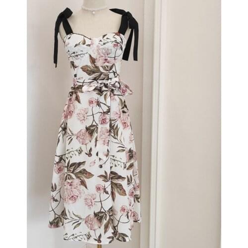 2021 Summer Fashion Dress Women Bow Spaghetti Strap Flower Printed High Waist Belt Elegant Dresses