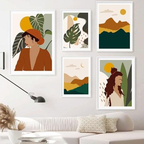 Abstract Tropical Leaf Woman Landscape Poster Boho Style Wall Art Minimalist Print Canvas Painting Living Room Decoration