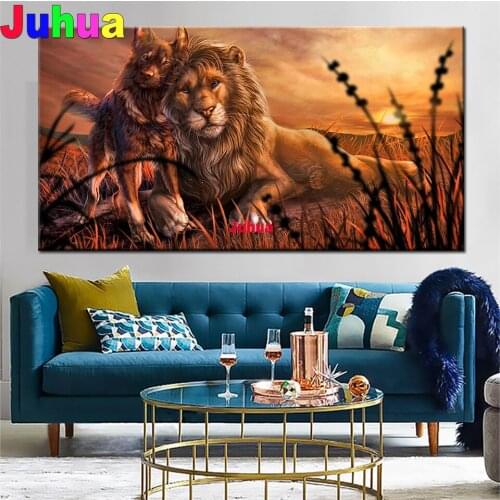 Dog And Lion Landscape Wall Art Diamond Painting Mosaic Full Round Embroidery Wildlife Animals Pictures Living Room Home Decor