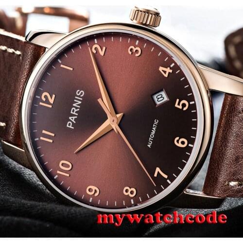 38mm Parnis coffee dial rose golden case Sapphire glass Automatic Mens watch 824