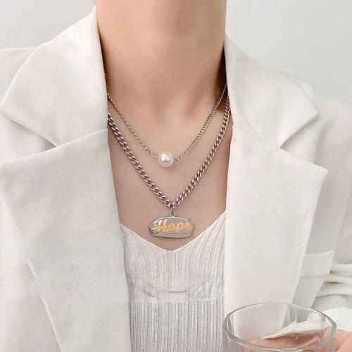 VSnow Hiphop Double-Layer Irregular Geometric Letter Pendant Necklace for Women Chain Imitation Pearl Metallic Necklace Jewelry