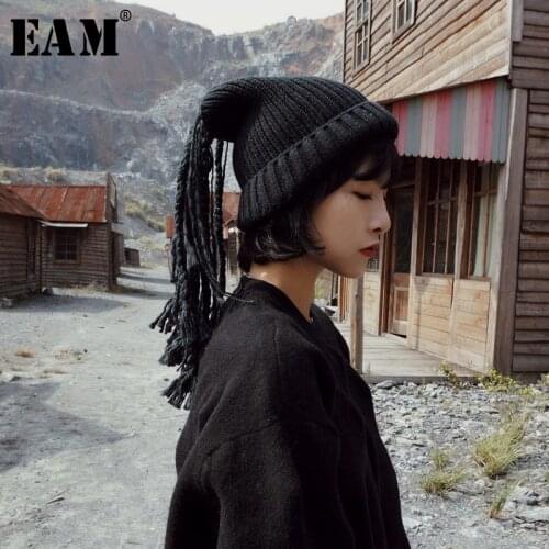 [EAM] 2021 Spring Winter Woman Personality Stylish Dreadlocks Tassels Knitting Keep Warm Two Wear Methods Hat All Match LI045