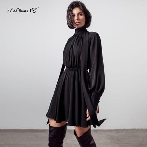 Mnealways18 Elegant Women Pleated Dress Lace-Up Lantern Sleeve Chiffon Dress Solid Stand Collar Office Ladies Autumn Brown Dress