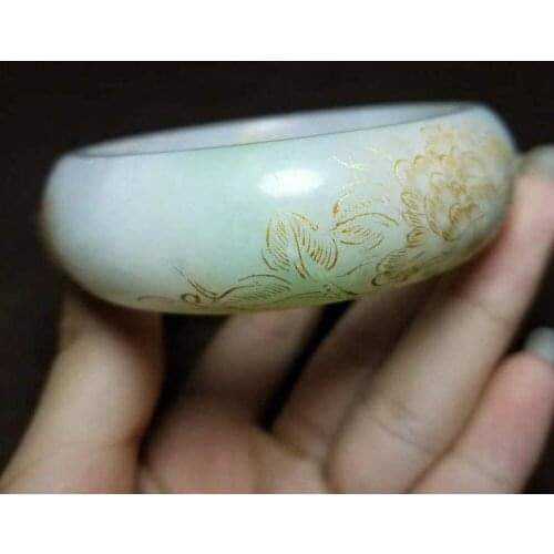 H3#Russian material and Tian Yucui green white jade gold carved wide bracelet