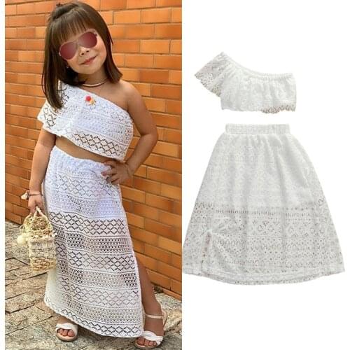 1-6 Infant Kids Baby Girls Boho Clothes Sets Lace Flowers Off Shoulder Tops+Ruffles Skirts Outfit Summer