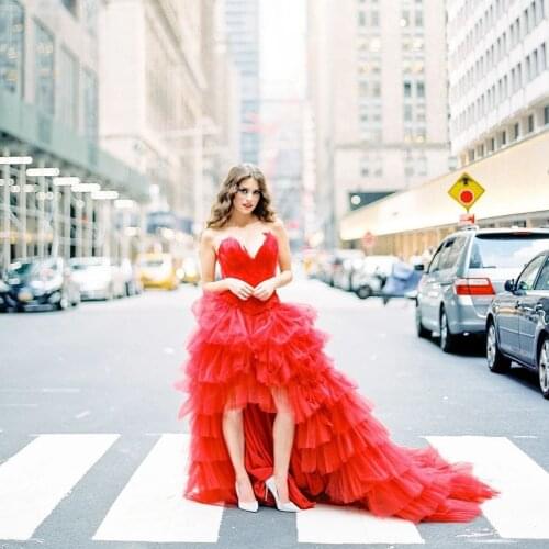 Red Fashion Sexy Women Dress Tulle Ruffle Layered Floor Length With Train High Low Strapless Feather Evening Dress Plus Size