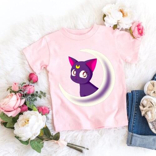 Summer New Fashion Cute Cartoon Cat Children T-shirts Japanese Amine Sailor Girls T-shirt Kids Casual Short Sleeve Tops Tee
