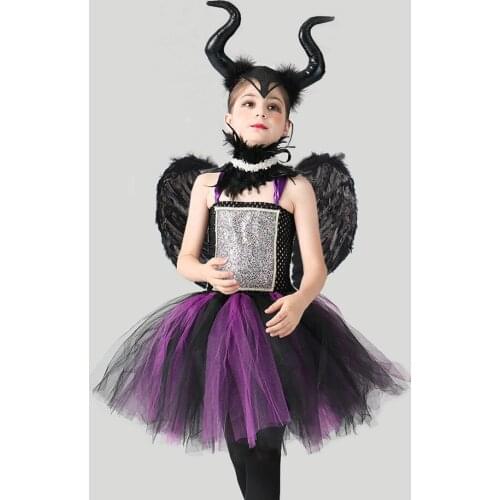 Maleficent TUTU Dress For Girls Halloween Costumes Baby Witch Dresses With Horns Nina Disfraz Carnival Disguise Cloth Fancy Gown