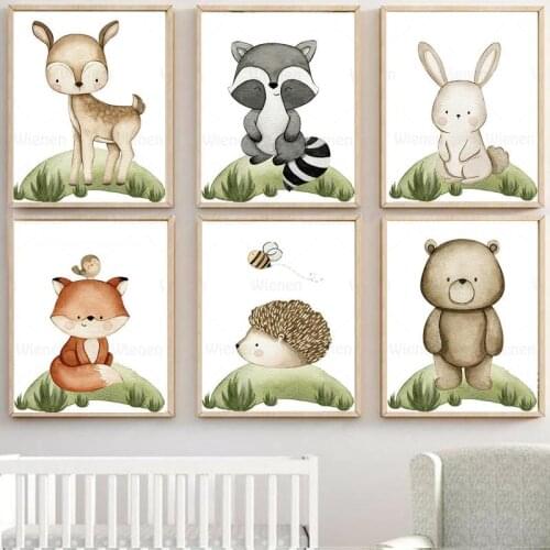Cute Cartoon Animal Poster Canvas Prints Hedgehog Deer Rabbit Raccoon Bear Fox Decorative Picture Kids Room Kindergarten Nursery