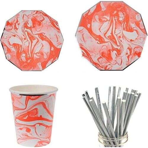 Stamping marble Orange birthday party decorations kids party Supplies disposable tableware cake paper plates cup straw 49pcs/lot