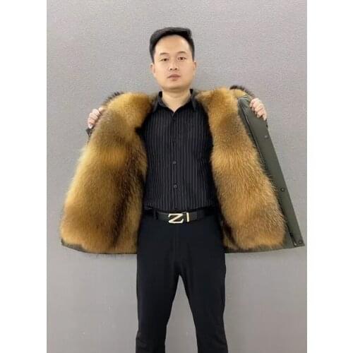 Fur Coat Men Hooded Muskrat Fur Parka Winter Fashion Raccoon Fur Collar Jacket Army Green Outwear 2021 New Arrival