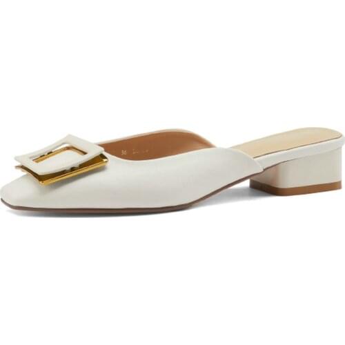 Fashion Metal Decoration Women Sandals Mules low Heels Summer Genuine Leather square Heels Shoes For Woman Basic Shoes Woman