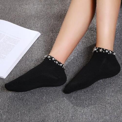 Handmade Japan Pearl Stars Fishnet Socks Women Creative Reto College Style Socks Harajuku Hollow Out Calcetines Mujer