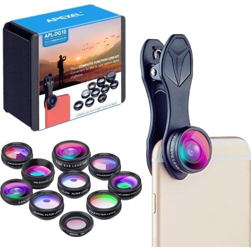 APEXEL 1 Set CPL Filter Lens Mobile Phone Camera Lens 10in1 Fisheye Wide Angle Macro 2X Telescope Lens for Smartphones with Box