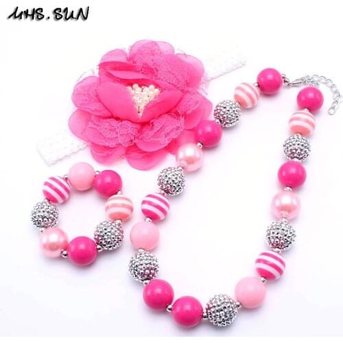 MHS.SUN Cute Princess Kid Necklace Bracelet&Headband Set Newest Bubblegum Beads Chunky Necklace Jewelry Set For Children Girl