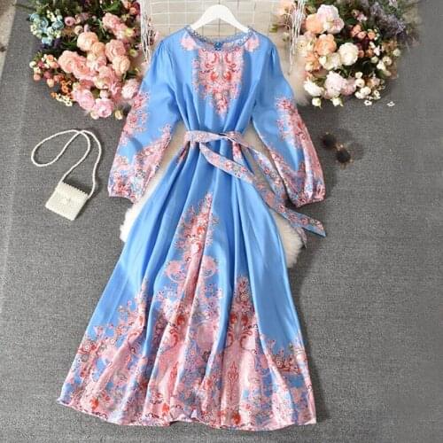 Women Vintage Print Maxi Palace Style Dress 2021O-neck Puff Sleeve A-line High waist Dresses Autumn Bandage Elegant Long Dress