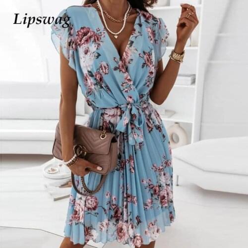 Women Elegant Floral Print Ruffle Mini Dress Summer Sexy V-Neck Pleated Party Dress Casual Short Sleeve A-Line Beach Dress 2021