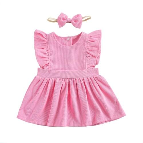 Pudcoco 1-6 Years Little Girls 2-piece Outfit Suit Fly Sleeve Dress + Headband Set for Children Girls Summer Solid Loose Dresses