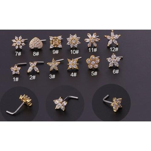 1Piece 20G Stainless Steel CZ Bone Nose Stud Piercing Creative Flower Heart Star L Shape Nose Ring Stud Nose Piering Jewelry