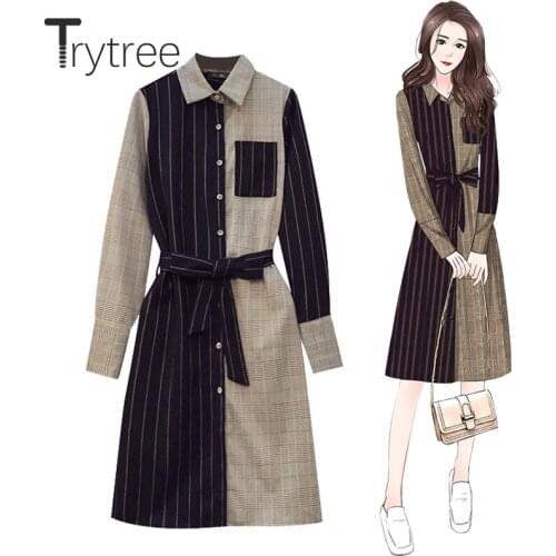 Trytree 2021 Spring Womens Dress Casual Cotton Blend Turn-down Collar Plaid Patchwork Striped Elegant Office Lady Shirt Dress