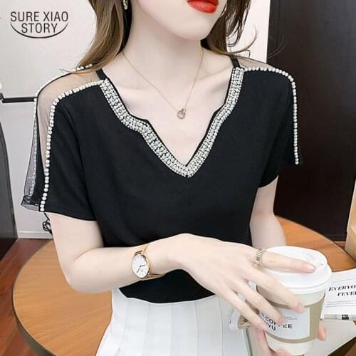 Stitching Mesh Short Sleeve Shirt Casual Summer Blouses Elegant V Neck Womens Blouse Korean Fashion Beading T-shirt Top 15527