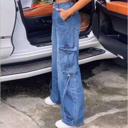 Women Light Blue Wide Leg Jeans With Side Pockets Casual Pants 90s Streetwear High Waist Denim Trousers Tie Up Y2k Cargo Pants