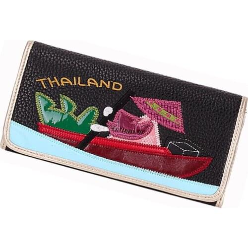 Women Bags Leather Patchwork Embroidery Wallets Girl Clutch Purse Female Billfold Braccialini Brand Style Cartoon Thai Scenery