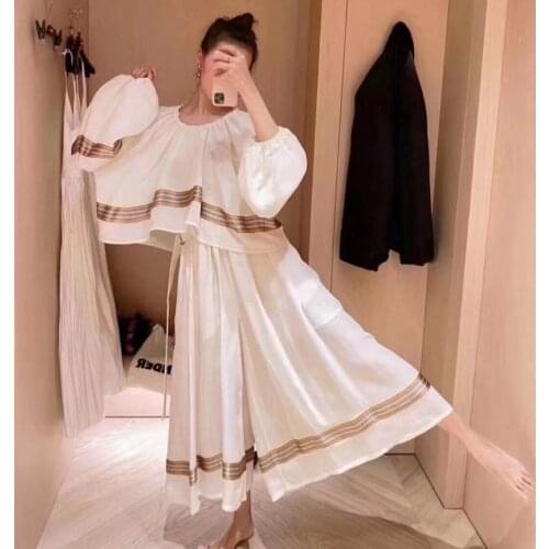 2021 Sleeve Summer 2 Piece Set Swomen O-neck Short Blouse + Wide-leg Long Pants Luxury Brand Vintage Casual Loose Suit Sets