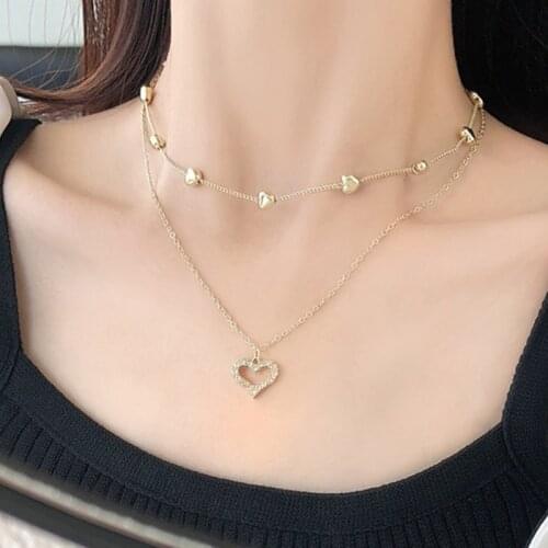 2021 New Double Layer Chain Heart Choker Necklace For Women Gold Chain Korean Style Collar Female Chocker Fashion Jewelry