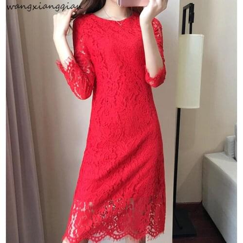 2019 spring and autumn new thickening slim slimming lace dress female long section long sleeve bag hip bottoming shirt A471
