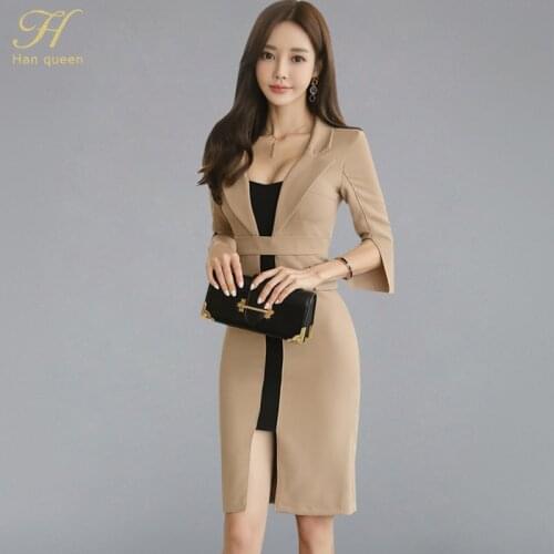 H Han Queen Notched Neck Patchwork Slim Split Pencil Dress Women 2018 Winter Korean Bodycon Dresses Waist Wear To Work Vestidos