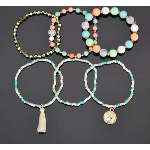 6Pcs/Set Fashion Charm Tassel Beads Bracelet Set Women Bohemia Multilayer Tassel Beads Bracelet Portrait Jewelry Accessories