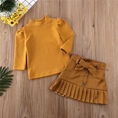 Toddler Baby Girls free shipping clothes long sleeve pullover solid T-shirts Button Bandage Ruffle Skirts 2pc kids Outfits